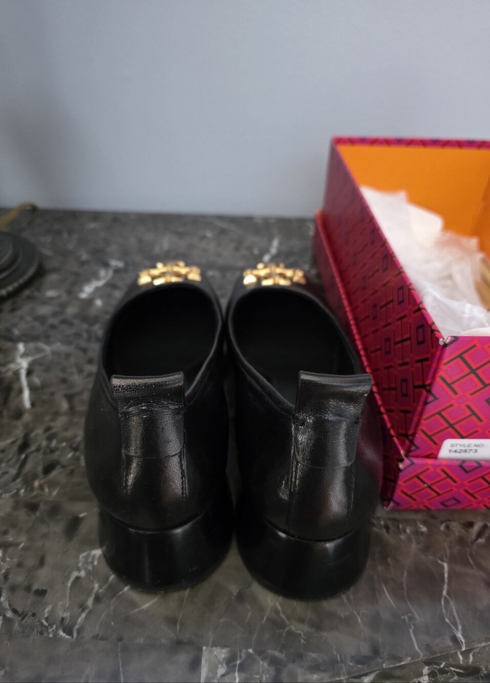 Tory Burch Black Leather Heels with Gold Logo Accent  Like New - Picture 2 of 4